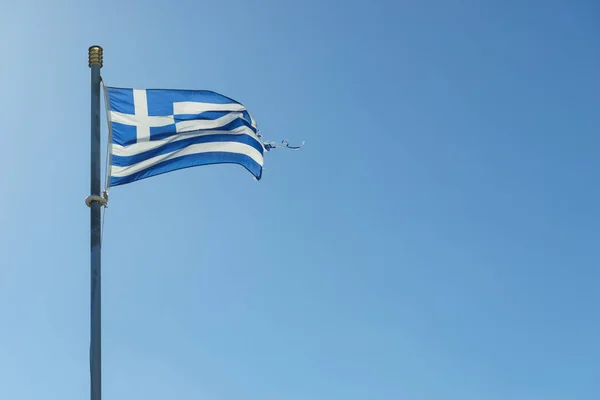 Close Azul Nad Branco Bandeira Grega Acenando Vento Conceito Referência — Fotografia de Stock