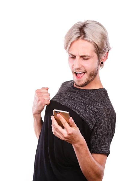 Technology Communication Handsome Young Man Stylish Joyful Guy Using Mobile — Stock Photo, Image