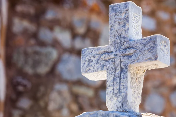 Greek Stone Cross Burial Ground Architecture Detail Vathia Mani Greece — Stock Photo, Image