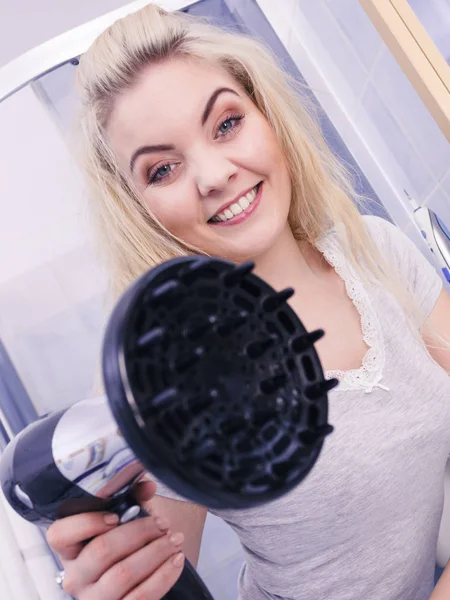 Haircare Beauty Long Haired Blonde Woman Drying Hair Bathroom Smiling — Stock Photo, Image