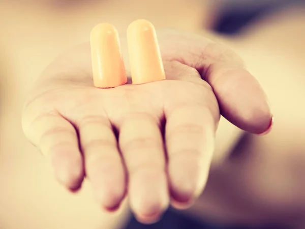 Woman Holding Protective Ear Plugs Getting Rid Noise Loud Place — Stock Photo, Image