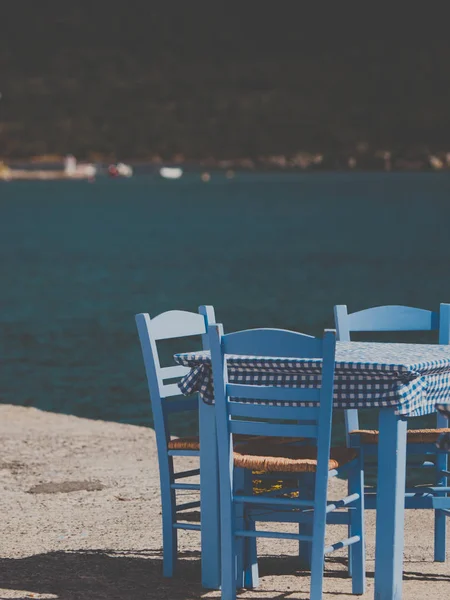 Seaside Blauen Tisch Und Stühle Öffnen Café Außenrestaurant Griechenland Der — Stockfoto