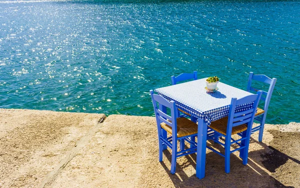 Seaside Blauen Tisch Und Stühle Öffnen Café Außenrestaurant Griechenland Der — Stockfoto