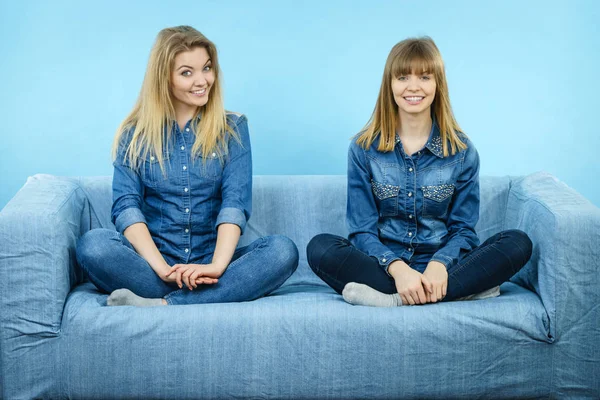 Friendship, human relations concept. Two happy women friends or sisters wearing jeans shirts sitting on sofa having fun.