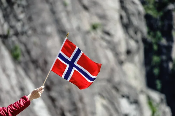 Tourist hand holding norwegian flag on rocky stone mountains background.