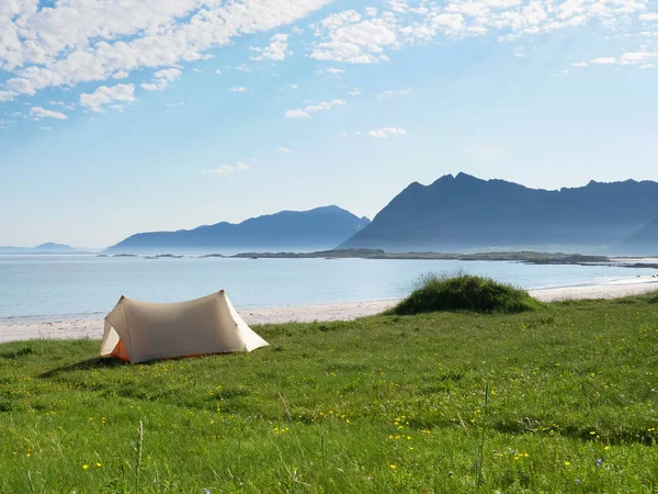 Tent on beach seashore in summer. Camping on ocean shore. Lofoten archipelago Norway. Holidays and travel.