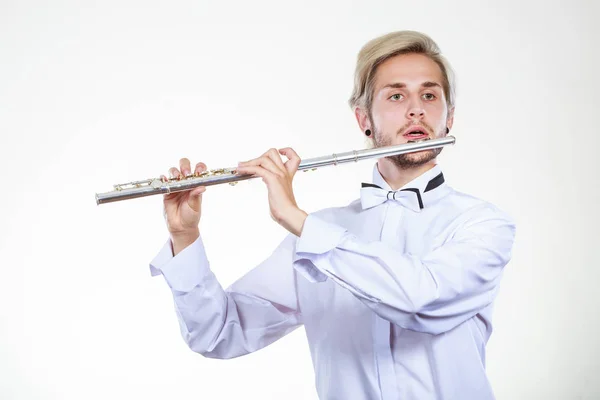 Dwarsfluit Muziek Professionele Mannelijke Fluitist Musicus Performer Elegante Stijlvolle Jongeman — Stockfoto