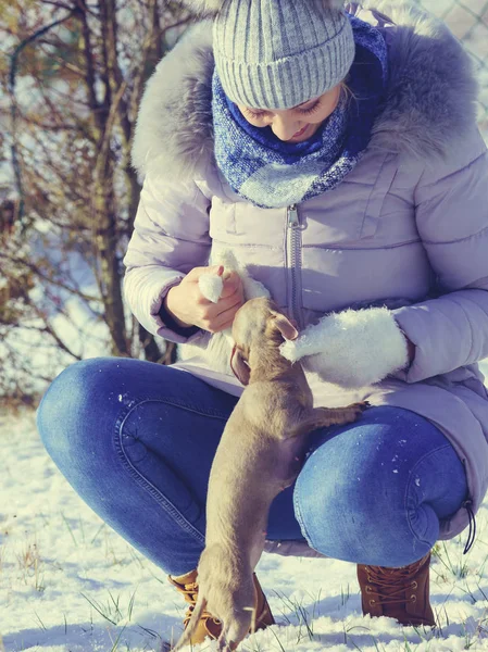 Jovem Mulher Divertindo Durante Inverno Feminino Brincando Com Seu Pequeno — Fotografia de Stock