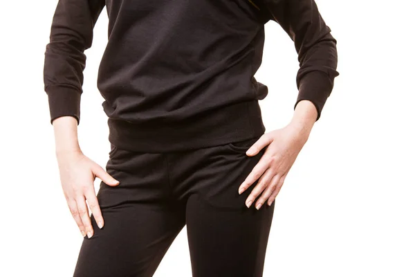 Vista Posteriore Della Donna Vestita Nero Camicetta Scura Pantaloni Skinny — Foto Stock