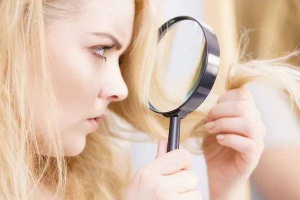 Split Ends Problem Dry Effect Haircare Concept Unhappy Blonde Woman — Stock Photo, Image