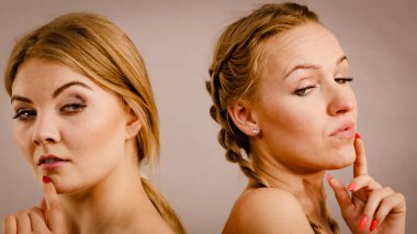 Düşünen yüz ifadeleri olan, birbirine kızgın iki şüpheli bayan arkadaş..