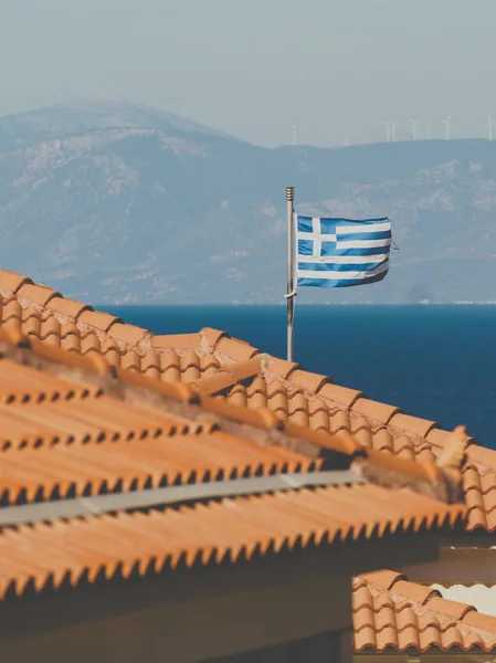 Bandeira Azul Branca Estado Greece Telhado Propriedade Confidencial Casa Tourist — Fotografia de Stock