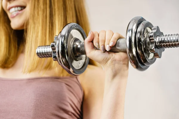 Young Sporty Happy Woman Working Out Home Heavy Dumbbells Training — Stock Photo, Image