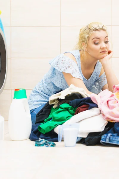 Sad Woman Having Lot Laundry Make Unhappy Female Surrounded Big — Stock Photo, Image