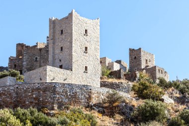 Yunanistan Mani Yarımadası. Geleneksel stil taş kule. Laconia Moreloponnese, Avrupa