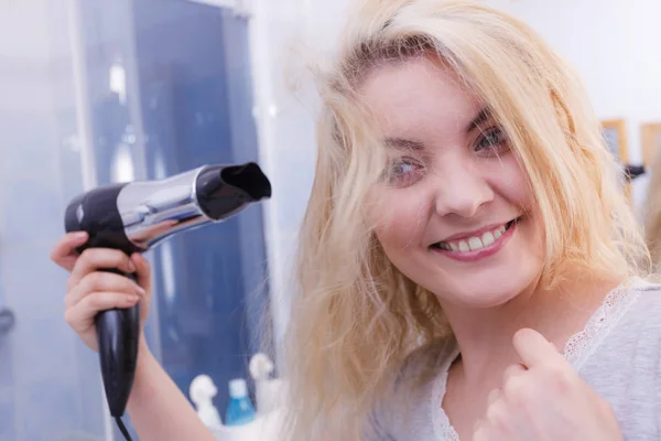 Haircare Beautiful Long Haired Blonde Woman Drying Hair Bathroom Smiling — Stock Photo, Image