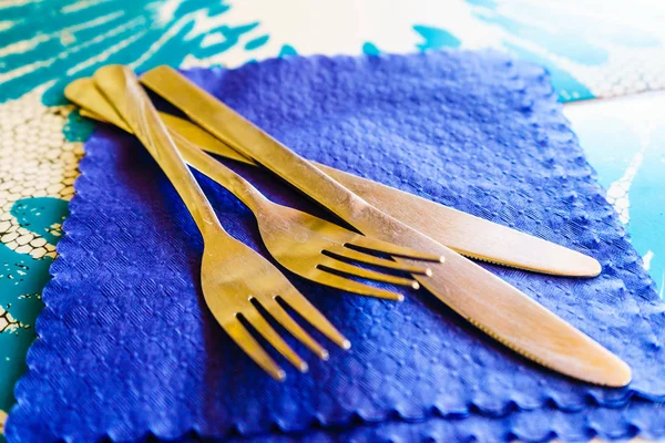 Detailed Close Two Knifes Forks Restaurant Resting Handkerchief — Stock Photo, Image