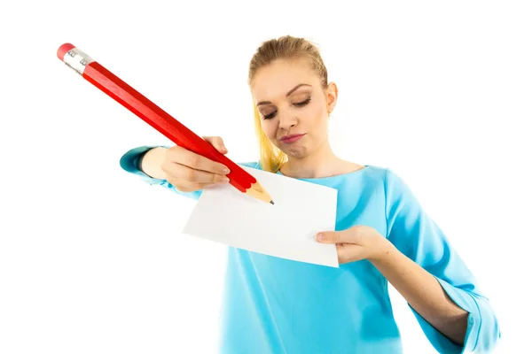 Teenage Woman Writing Some Notes Piece Paper Using Big Oversized — Stock Photo, Image