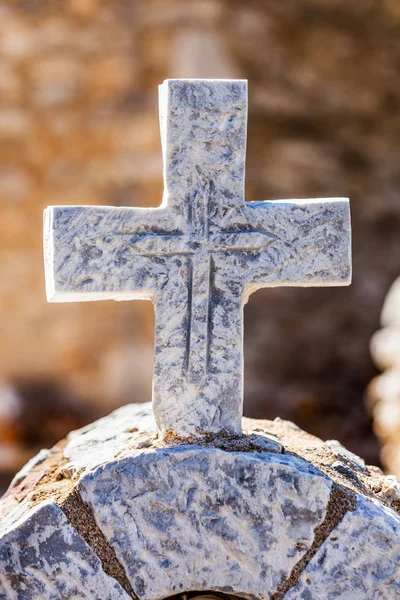 Greek Stone Cross Burial Ground Architecture Detail Vathia Mani Greece — Stock Photo, Image