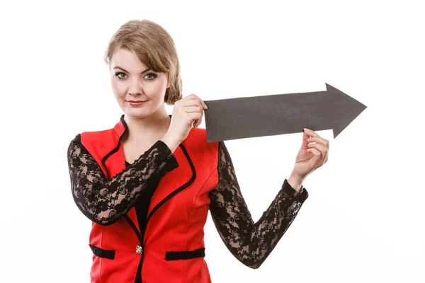 Advert Attention Gesture Pointing Hinting Concept Young Woman Holding Arrow — Stock Photo, Image