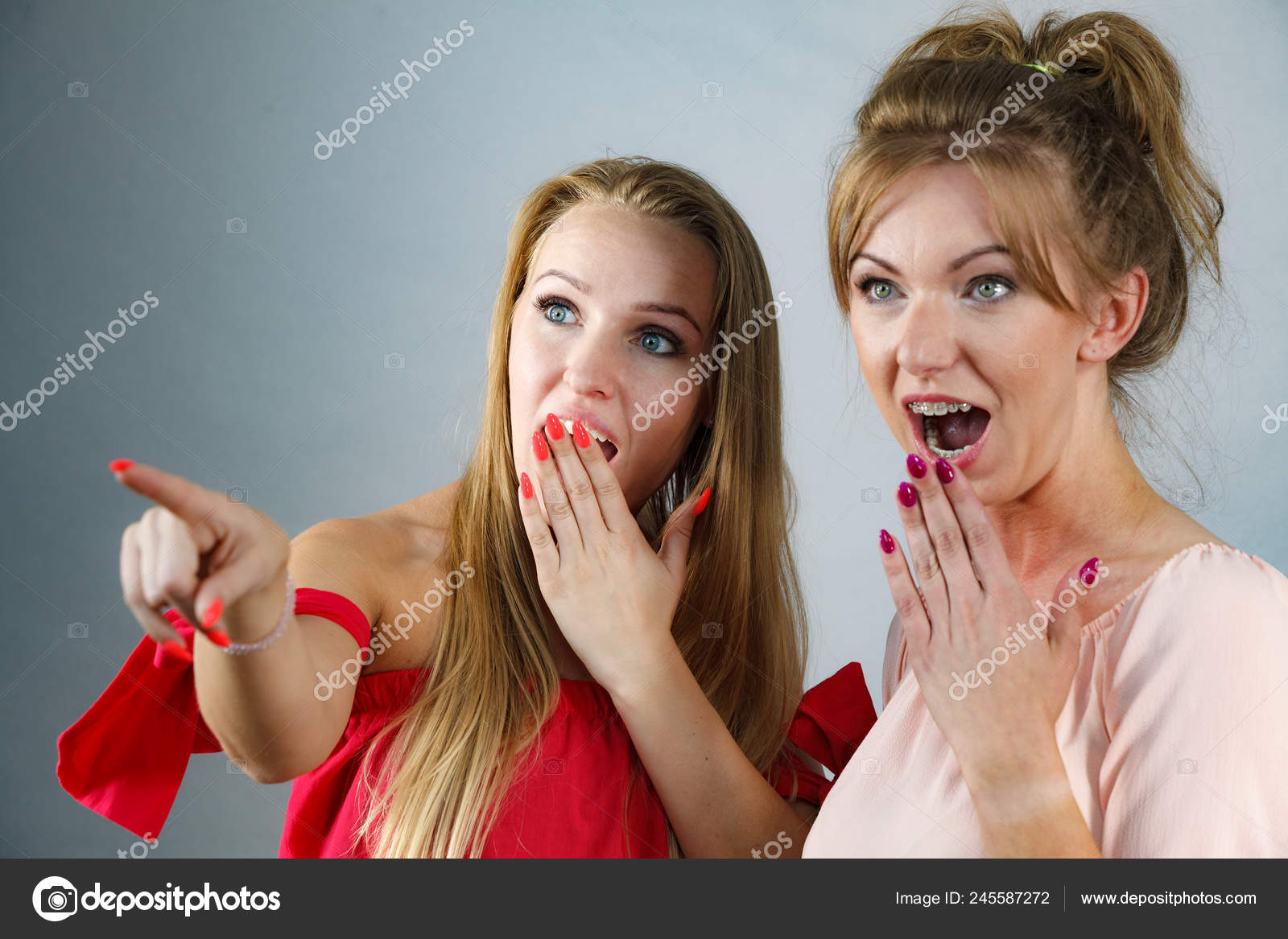 Two Women Shocked Open Mouth Excited Emotional Girls Looking - Main Image