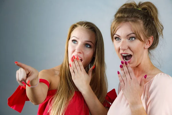 Duas Mulheres Chocaram Boca Aberta Garotas Emotivas Excitadas Parecendo Surpresas — Fotografia de Stock