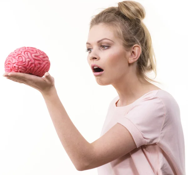 Funny Blonde Woman Holding Brain Having Something Mind Thinking Solution — Stock Photo, Image