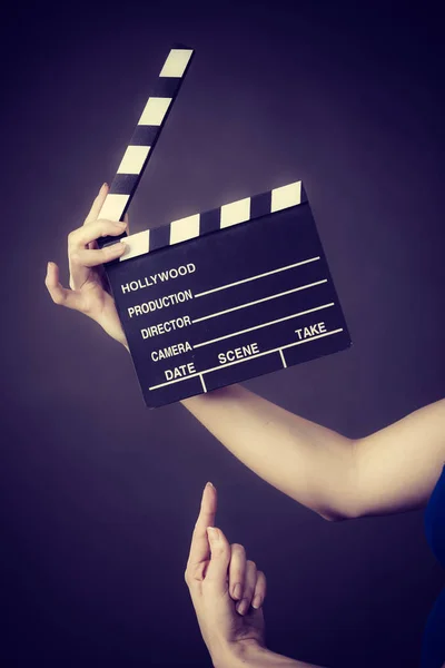 Woman Holding Professional Film Slate Movie Clapper Board Hollywood Production — Stock Photo, Image