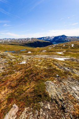 Norveç 'te Aurland ve Laerdal arasındaki dağ bölgesi. Uzakta kar zirveleri olan kayalık bir arazi. Ulusal turistik güzergah Aurlandsfellet.