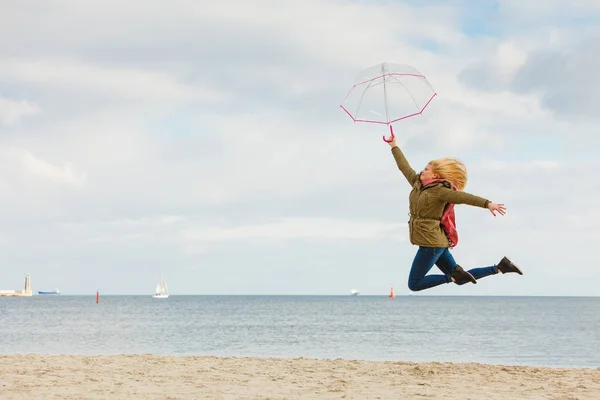 Happiness Enjoying Cold Autumn Weather Feeling Great Concept Woman Jumping — Stock Photo, Image