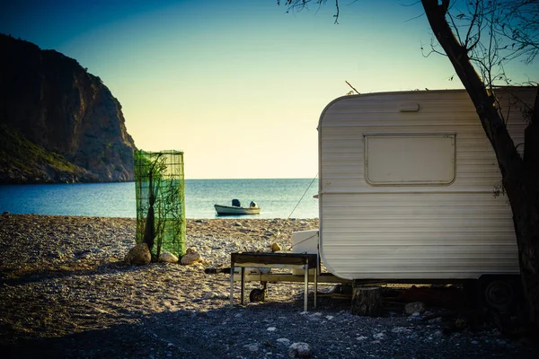 Toerisme Vakantie Reizen Caravan Trailer Zonnig Strand Griekenland — Stockfoto