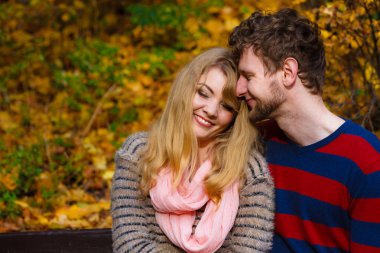 Sonbahar kavramlarını beraberlik ve ilişki seviyorum. Tezgah sonbahar park güneşli günde sarılma üzerinde oturan genç Romantik Çift 