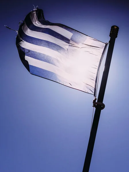 Close Azul Nad Branco Bandeira Grega Acenando Vento Conceito Referência — Fotografia de Stock