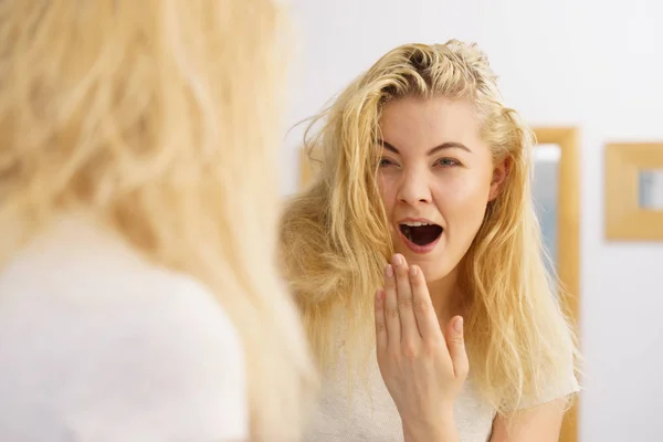 Happy fresh blonde woman in bathroom — Stock Photo, Image