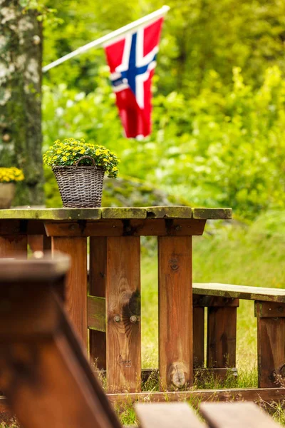 Noorse vlag en groene Picknick site — Stockfoto