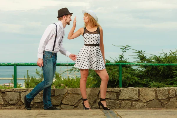 Loving couple retro style flirting outdoor — Stock Photo, Image