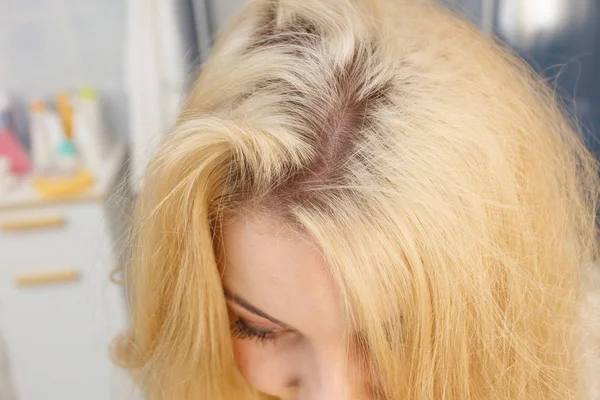 여 자가 보여주는 금발 머리 뿌리 — 스톡 사진