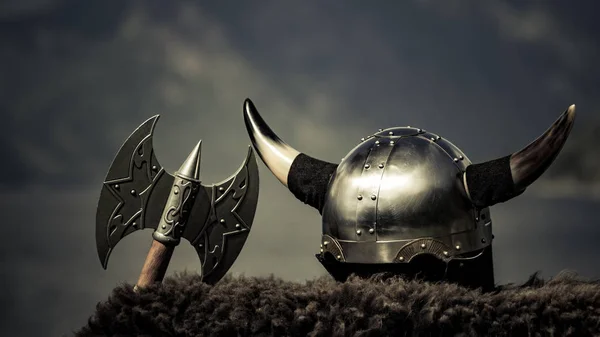 Viking helmet on fjord shore, Norway