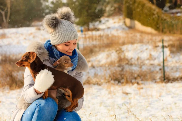 Mujer jugando con perros durante el invierno —  Fotos de Stock