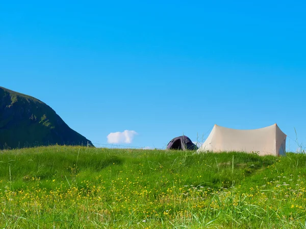 Namiot na łonie natury, Lofoten Norwegia — Zdjęcie stockowe