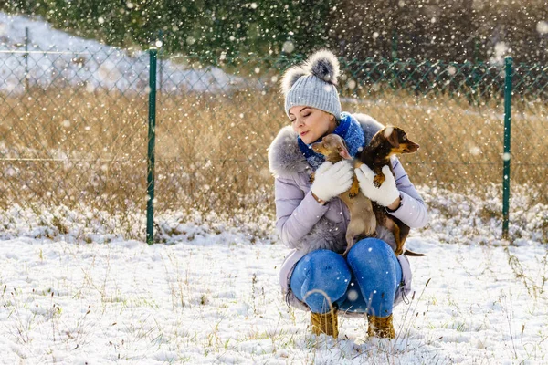 Mulher brincando com cães durante o inverno — Fotografia de Stock