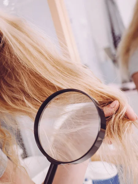 Γυναίκα ψάχνει στις άκρες των μαλλιών μέσα από μεγεθυντικό φακό — Φωτογραφία Αρχείου