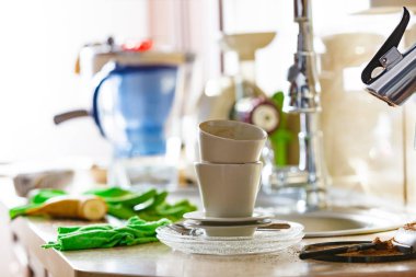 Kahve içme sonra kirli bardak, dağınık mutfak