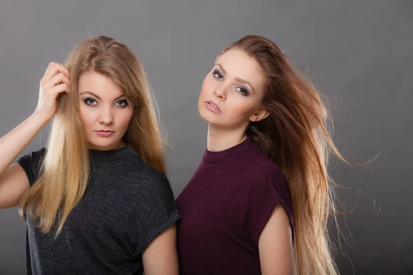 Дві красиві жінки, блондинка і брюнетка позує — стокове фото