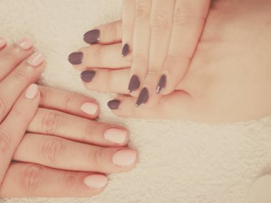 Kadın güzel boyalı jel hibrid tırnaklarını sunulması