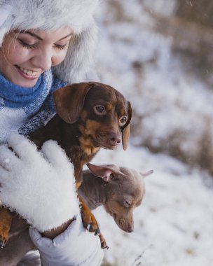 Köpeklerle kış aylarında oynayan kadın