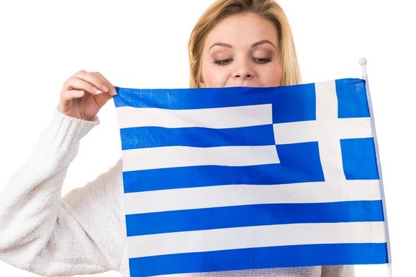Happy woman holding Greek national flag — Stock Photo, Image