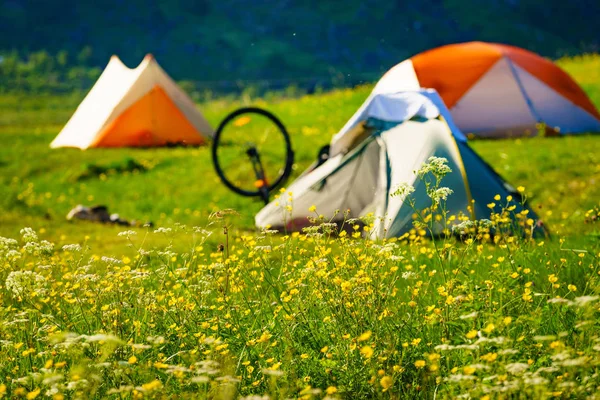 Namiot i rower na łonie natury, Lofoten Norwegia — Zdjęcie stockowe