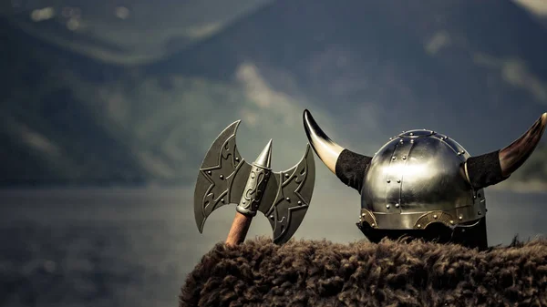 Viking helmet on fjord shore, Norway — Stock Photo, Image
