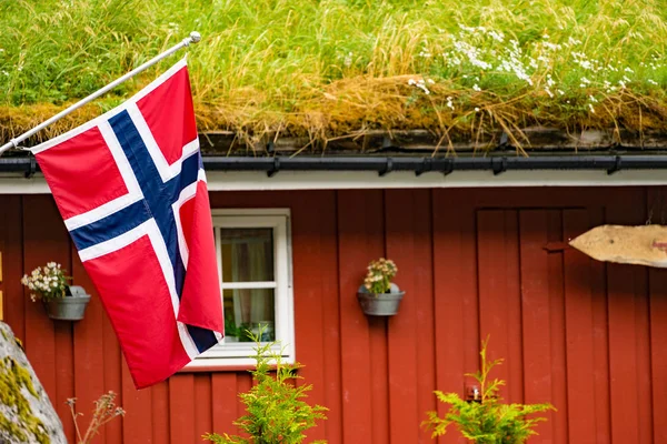 Bandera de Noruega y casa con techo de hierba — Foto de Stock